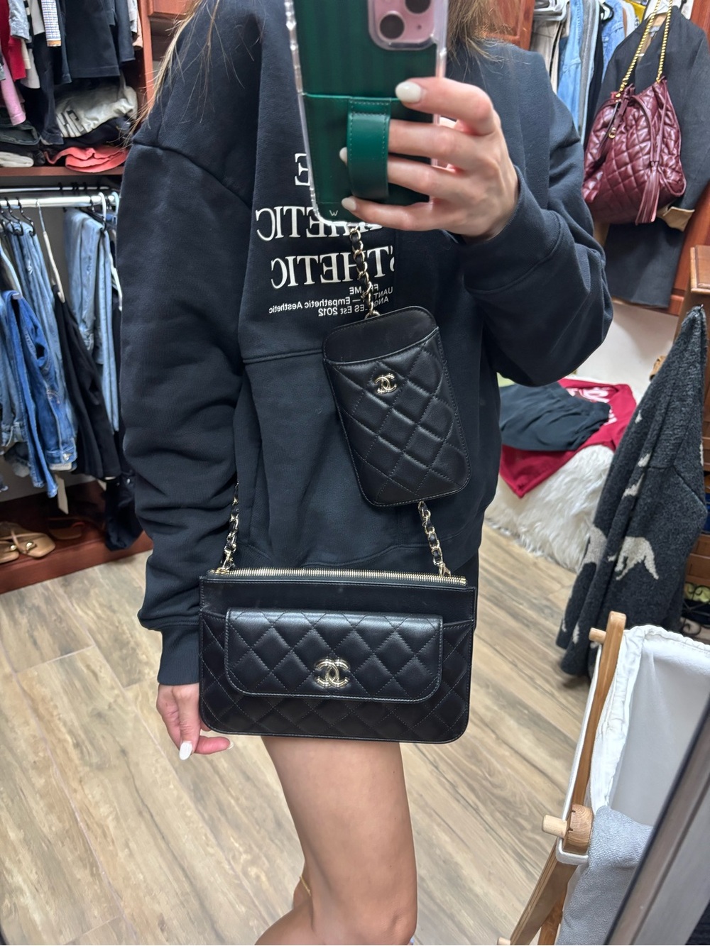 CHANEL Black Quilted Lambskin Crossbody with Phone Pouch and full wallet